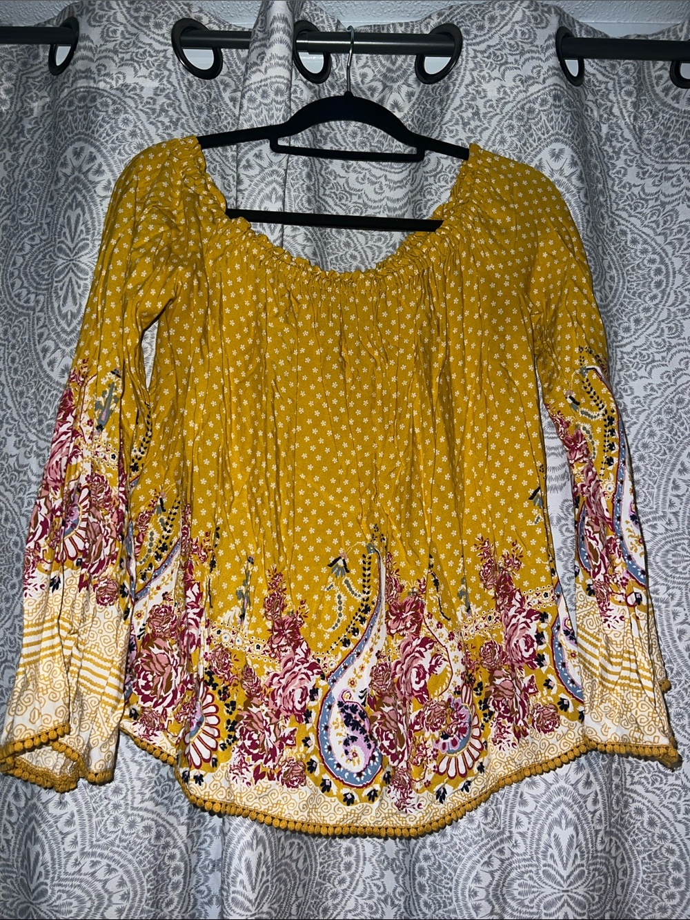 Wonderly Mustard Floral Paisley Off-Shoulder Tunic